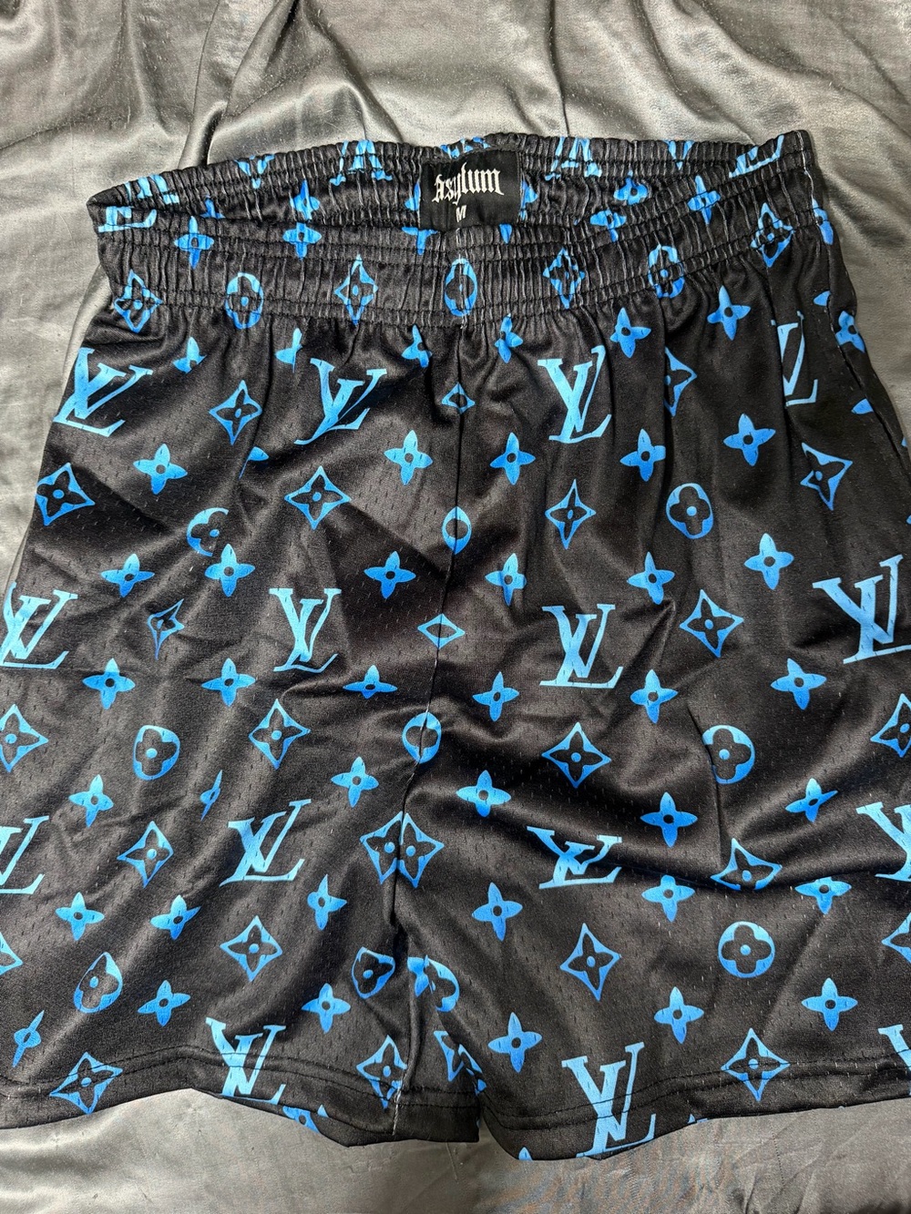 Asylum Blue Black Satin Mesh Shorts Medium
